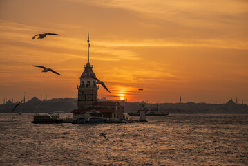 Maiden's Tower, built on an island in the Bosphorus, one of the architectural symbols of Istanbul and Turkey, and its photographs taken at sunset in different lights and colors