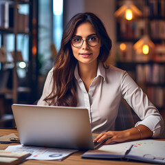 Young latin business woman manager accounting analyst checking bills, analyzing sales statistics management, taxes financial data documents or marketing report papers working in office using laptop
