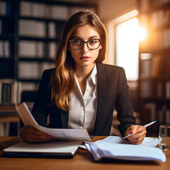 Young busy business woman manager, lawyer or company employee holding accounting bookkeeping documents checking financial data or marketing report working in office with laptop. Paperwork management