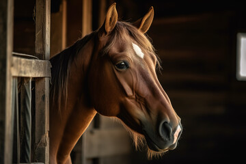 An elegant brown horse on the farm. Portrait. AI-generated image

