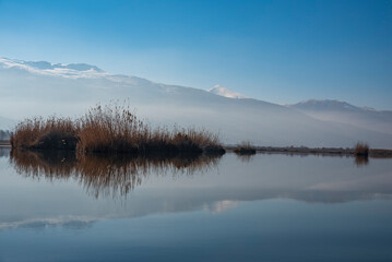 Reflected image of Eber lake and reeds in afyon province