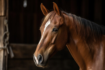 Obraz premium An elegant brown horse on the farm. Portrait. AI-generated image