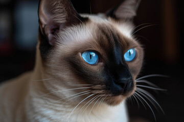 Siamese cat's face with beautiful eyes close up portrait. AI-generated image