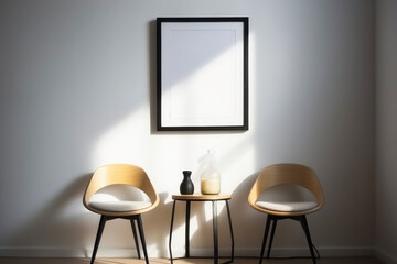 Interior of modern living room with two chairs, coffee table and picture frame, View of photo frame with interior home decor, Generative Ai