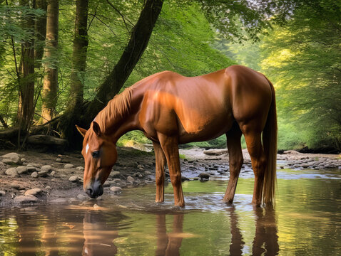 The horse is walking by the river and drinking water