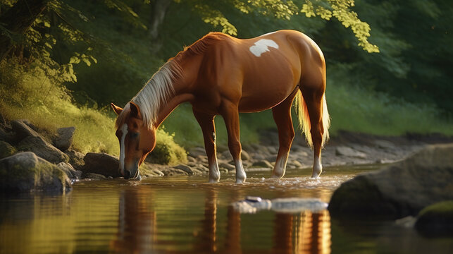 The horse is walking by the river and drinking water