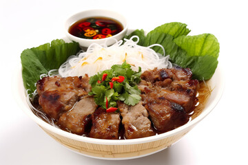 Bun Cha, a Vietnamese Generative AI dish featuring grilled pork served with vermicelli noodles, herbs, and a fish sauce