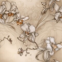Seamless boho orchids floral design, monochrome beige and orange colors, intricate flowers, Generative AI background