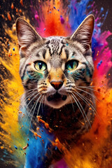 A Cat jumping through colorful explosion powder. Generative Ai.