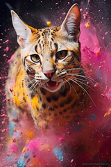 A Cat jumping through colorful explosion powder. Generative Ai.