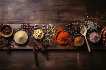 Top view of a lot of spices on a wooden table with copy space created with generative AI technology.