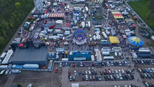 Drone shot of Amusement Park in the Zentrale Festplatz Berlin ( Central fairground Berlin ) , it is a site for holding outdoor events . The fairground is located in the Berlin district of Wedding .