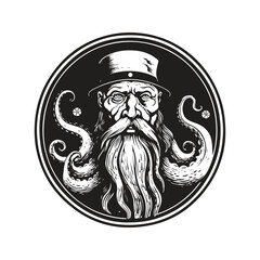 kraken teacher, vintage logo line art concept black and white color, hand drawn illustration