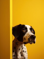 Sad looking dog. yellow bcakground. Generative AI. 