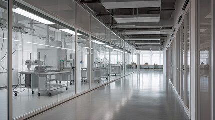 Long corridor in research facility with scientific laboratory interior behind glass wall. Generative AI.