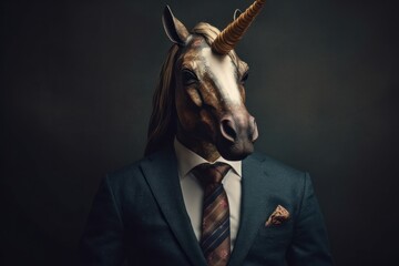 Anthropomorphic fairytale unicorn dressed in a suit like a businessman. Business Concept. AI generated, human enhanced