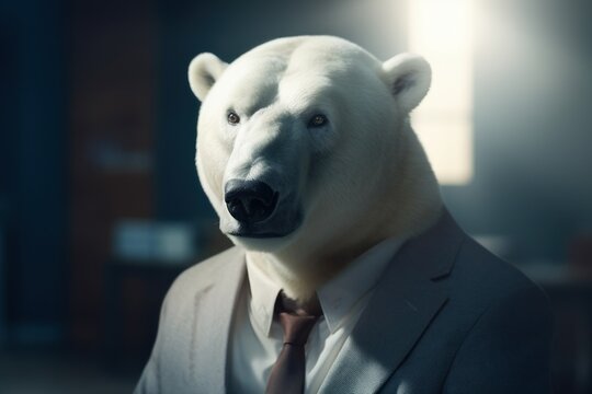Anthropomorphic Polar bear dressed in a suit like a businessman. Business Concept. AI generated, human enhanced