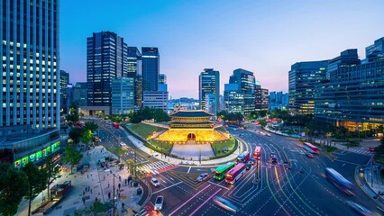 Day to night,Time lapse Traffic. At Sungnyemun Gate in Seoul,South Korea,60fps