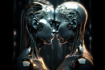 Two robots show each other feelings. Love robots concept. AI generated, human enhanced