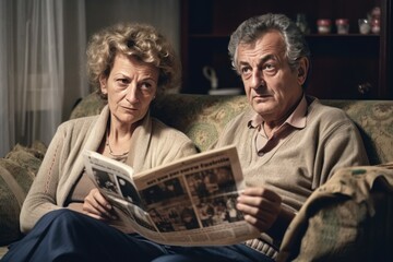An older family, a couple of pensioners are reading a newspaper. AI generated, human enhanced