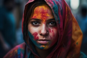 Woman with holi paint after the festival. AI generated, human enhanced