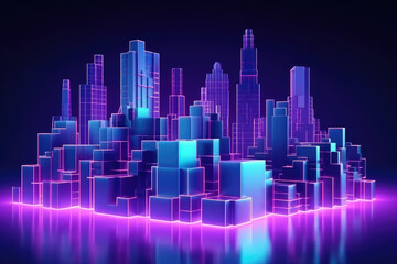 Obraz na płótnie Canvas Night neon city in blue gradient color spectrum futuristic background on square with grid pattern