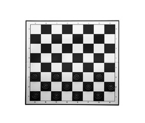Checkerboard with game pieces isolated on white, top view