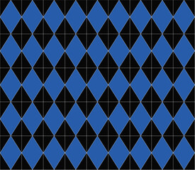 Seamless abstract pattern with geometric shapes in black and blue colors Geometrical retro template for fabric, background, surface design, packaging Vector illustration