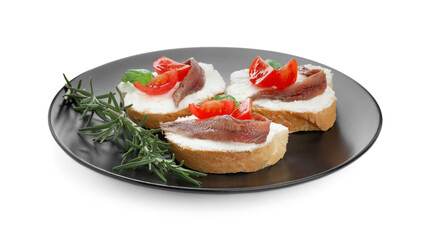 Delicious sandwiches with cream cheese, anchovies, tomatoes and basil on white background