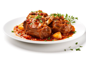 Fototapeta premium Osso buco - braised veal shanks in a tomato-based sauce. Generative AI.