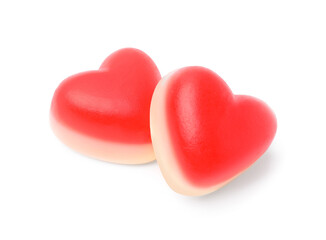 Sweet heart shaped jelly candies on white background