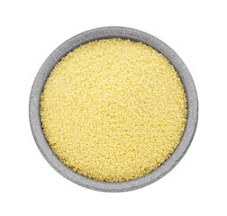 Bowl of raw couscous isolated on white, top view