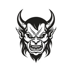 angry devil, vintage logo line art concept black and white color, hand drawn illustration