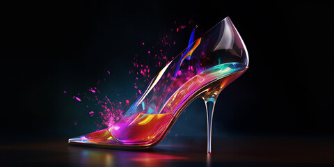 Glass stiletto high heel with magical neon colours, created using generative ai