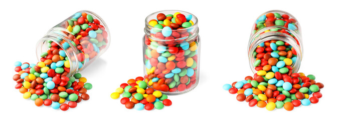 Jars with tasty candies on white background, collage design