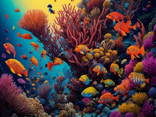 Fototapeta na wymiar Colorful coral reef with fish and corals. generative ai