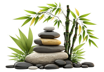 Stacked Stone Zen with Bamboo Isolated on Transparent Background - Generative AI
