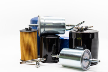 Some car spare parts isolated on white background, replacement, car service, selective focus