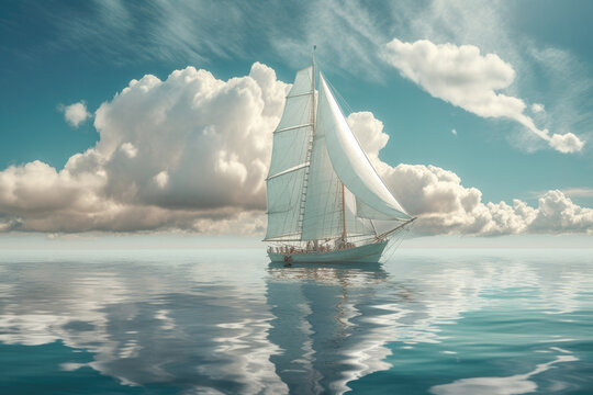  A sailboat and clouds in the water.