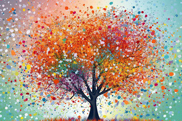 Obraz na płótnie Canvas Colorful tree with leaves on hanging branches illustration background. 3d abstraction wallpaper for interior mural wall art decor. Floral tree with multicolor leaves. pointillism art
