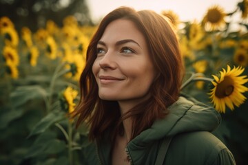 Portrait of a beautiful red-haired girl in a green coat on a background of sunflowers.