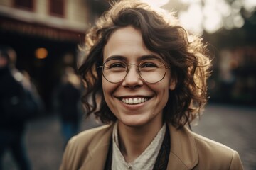 Portrait of a beautiful young woman with curly hair in glasses on a city street