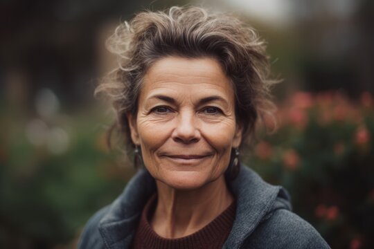 Close-up portrait photography of a grinning woman in her 50s wearing a cozy sweater against a botanical or butterfly garden background. Generative AI