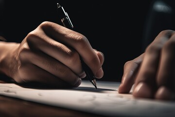 A close-up of a person's hand holding a pen and writing notes during a meeting