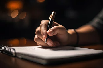 Tuinposter A close-up of a person's hand holding a pen and writing a signature on a contract © Dejan