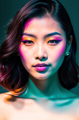 Naklejka premium portrait of a woman with trendy makeup, neon, iridescent Generative AI
