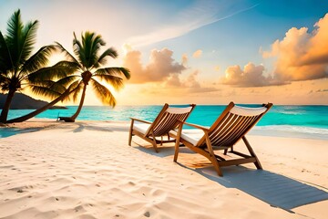 Beautiful tropical beach with white sand and two sun loungers on background of turquoise ocean and blue sky with clouds. Frame of palm leaves and flowers. Perfect landscape for relaxing vacation