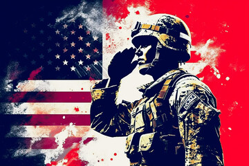 USA army soldier saluting, flag, graphic design. Generative AI