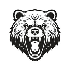 angry grizzly bear, vintage logo line art concept black and white color, hand drawn illustration