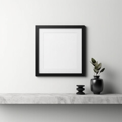 Square Black Frame Mock Up for Art, Photos, and Posters, on White Wall with Modern Accessories - Generative AI